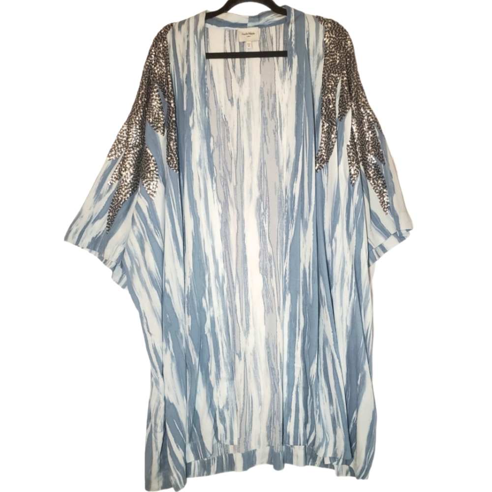 Haute Hippie Tribe Blue & White Sequined Kimono 2X